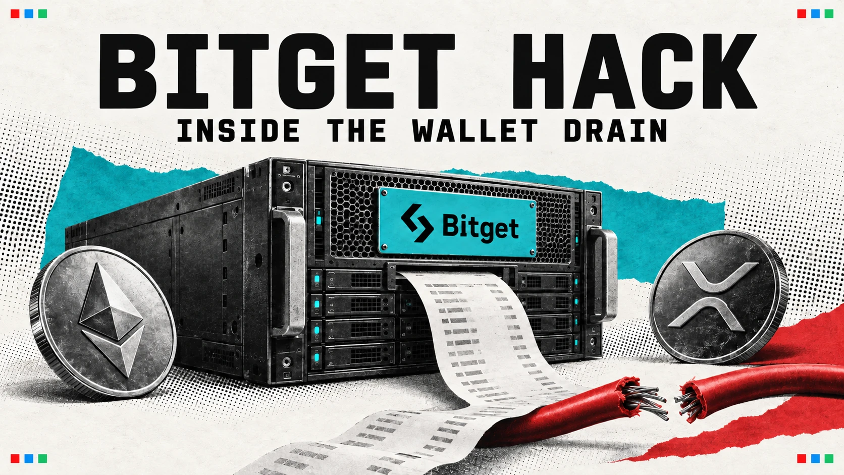 Editorial illustration of a Bitget server, transaction paper, Ethereum and XRP tokens, and a severed cable