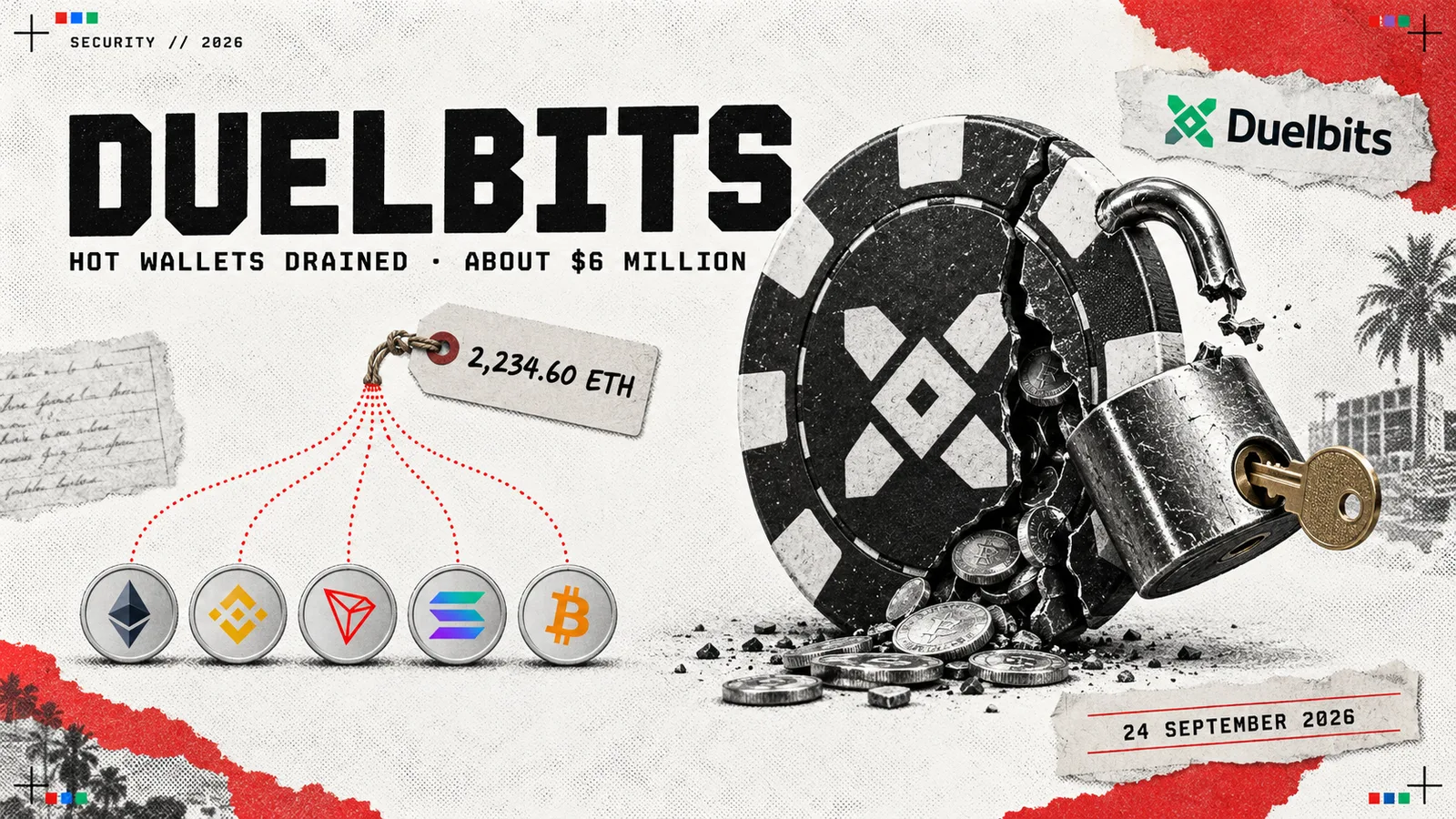Editorial collage of a cracked casino chip spilling coins beside a broken padlock with a brass key, five blockchain coin logos linked by dotted lines to a 2,234.60 ETH tag, headed Duelbits: hot wallets drained, about $6 million
