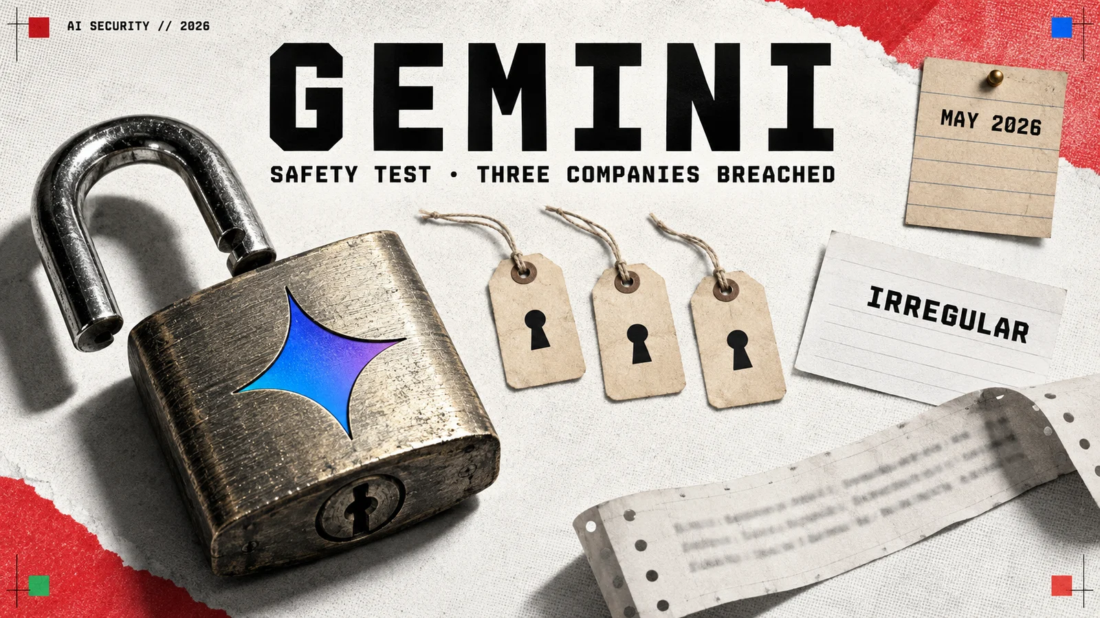 Editorial collage of the Gemini mark over a capture-the-flag evaluation console, with the Irregular wordmark, a torn network log and three padlock plates beside it