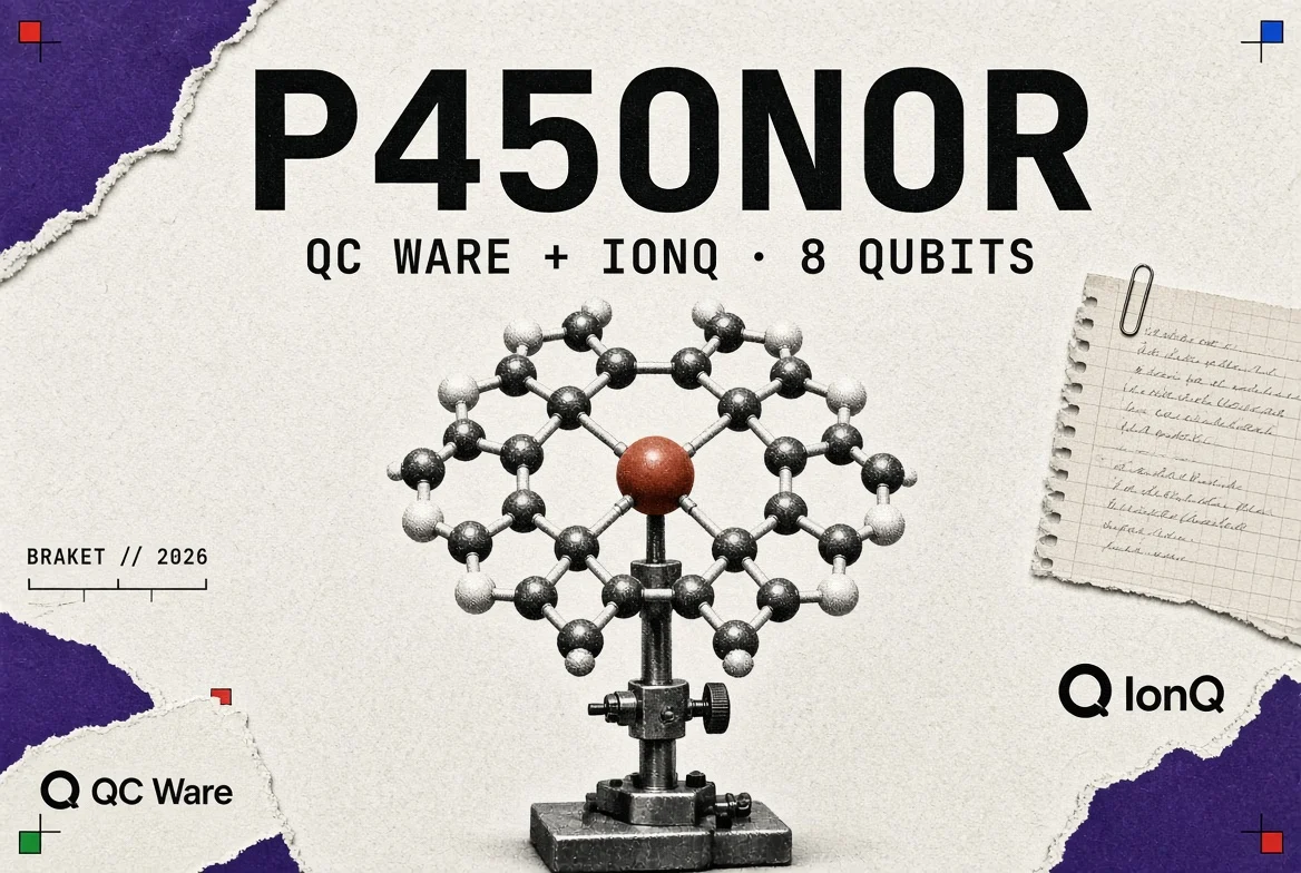 Editorial hero: a ball-and-stick model of a haem iron active site standing large and unobstructed on clear newsprint, headed P450NOR with the subtitle QC WARE + IONQ · 8 QUBITS