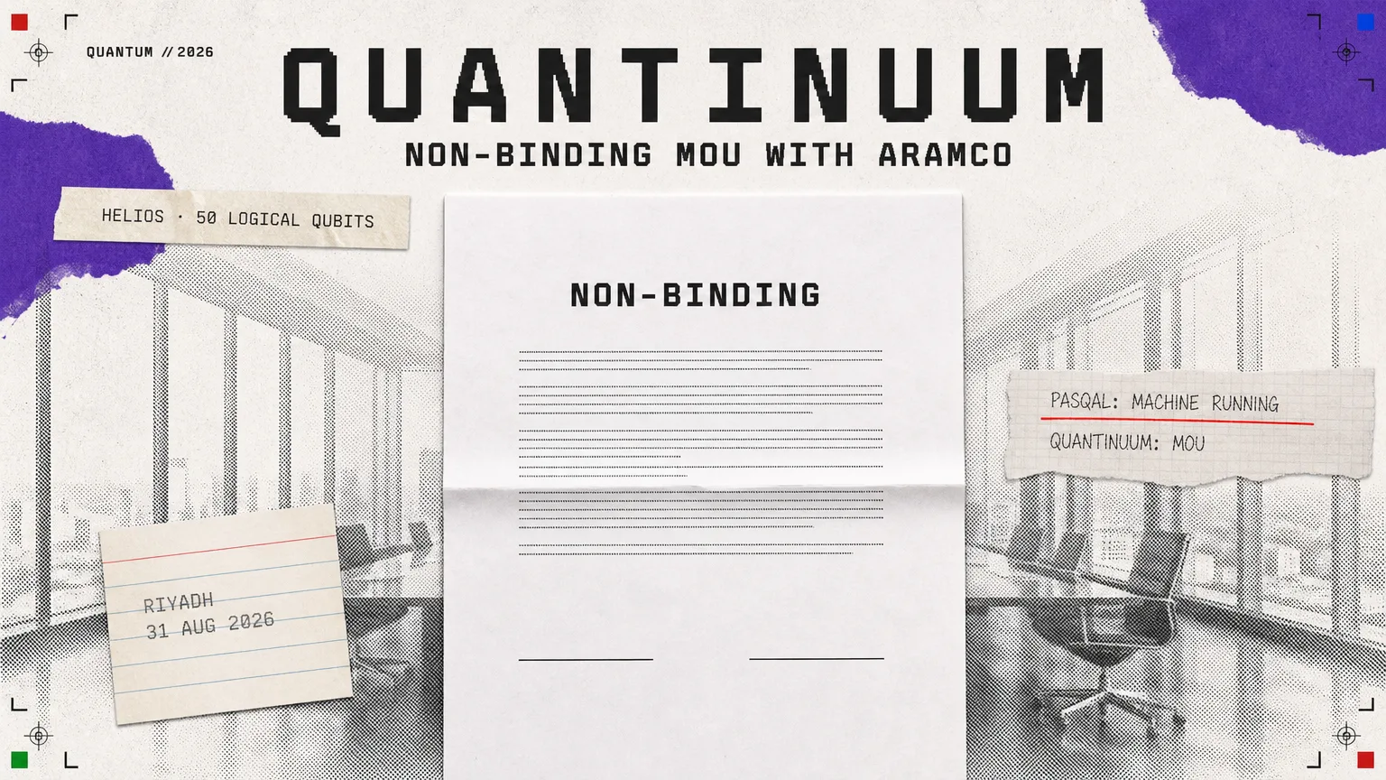 Editorial hero headed QUANTINUUM with the subtitle NON-BINDING MOU WITH ARAMCO: a single unsigned document lying flat and large on clear newsprint