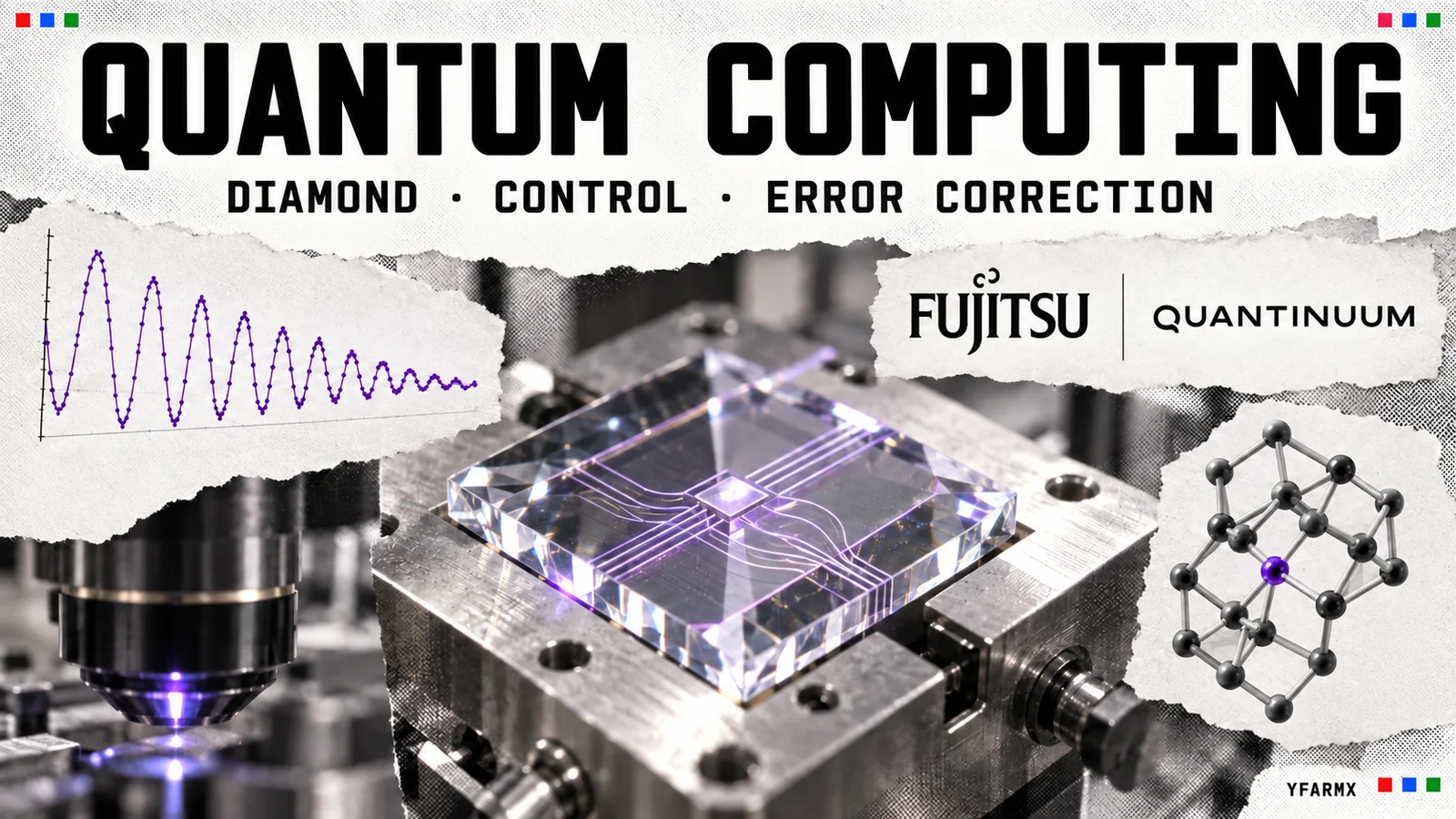 Editorial illustration combining a diamond photonic chip, periodic control signals and an error-correction lattice.