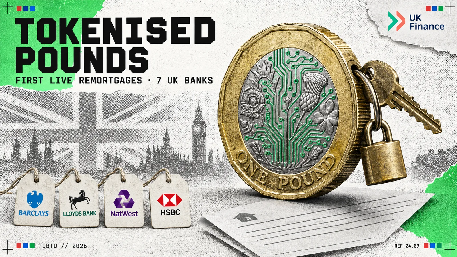 Editorial collage of a British one-pound coin etched with green circuit lines, a house key and padlock hooked through its rim, over a mortgage statement, with the Barclays, Lloyds Bank, NatWest, HSBC and UK Finance logos, headed Tokenised pounds: first live remortgages, 7 UK banks