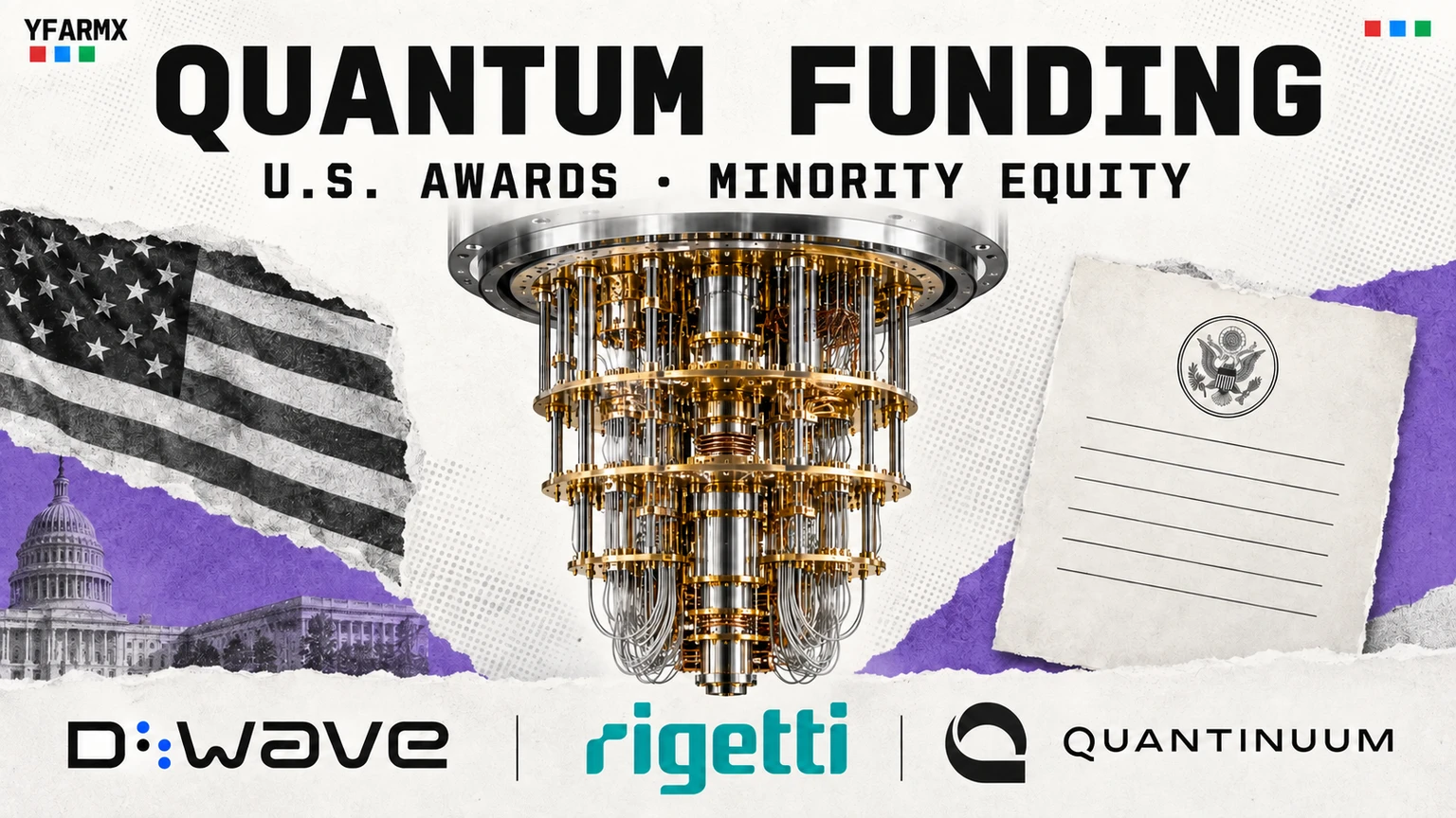 Editorial collage of quantum computing hardware, a U.S. flag and the D-Wave, Rigetti and Quantinuum wordmarks.