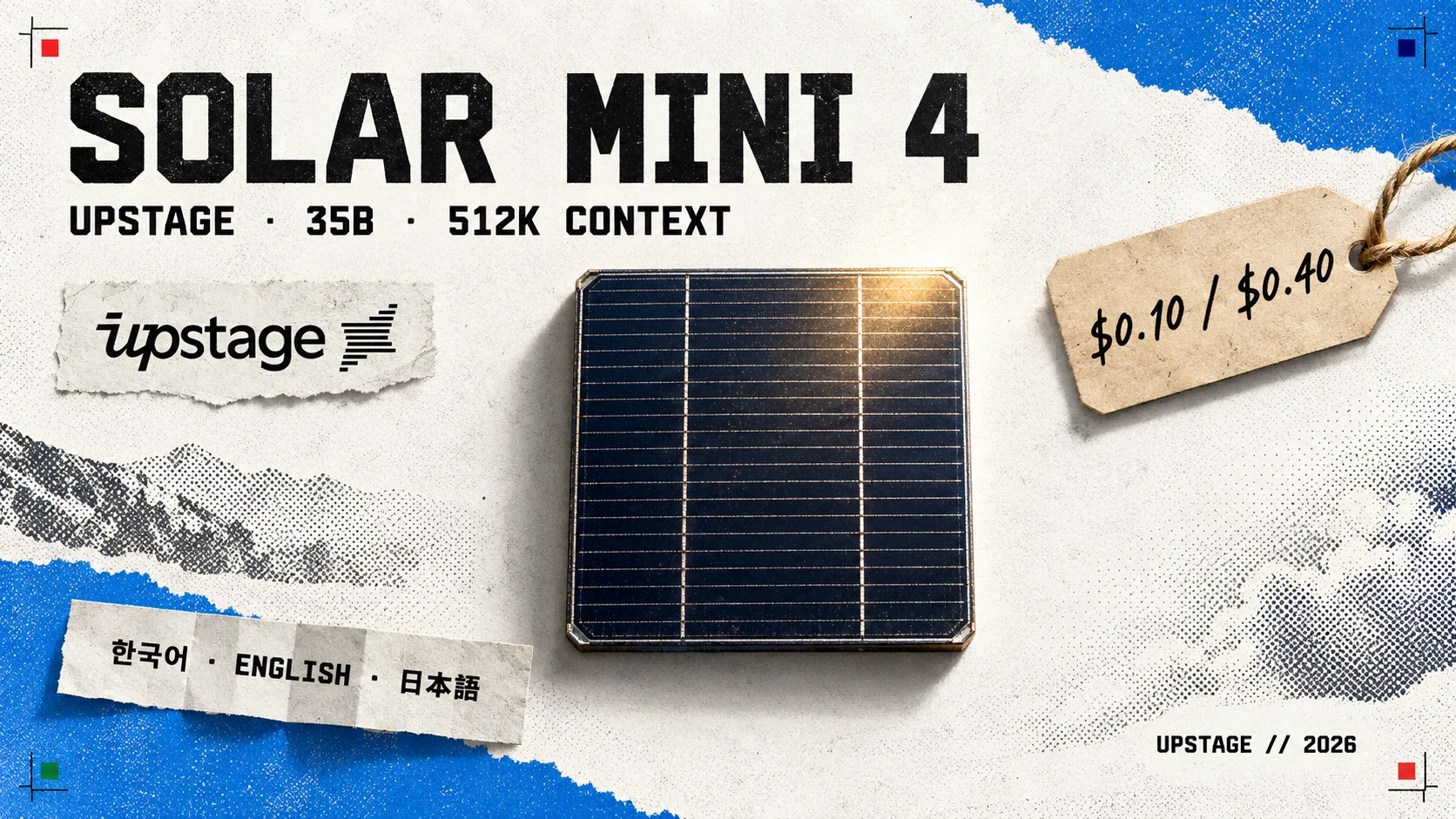 Editorial collage headed SOLAR MINI 4 with the subtitle UPSTAGE · 35B · 512K CONTEXT: a single solar cell on newsprint beside the Upstage logo, a price tag reading $0.10 / $0.40 and a strip reading Korean, English, Japanese
